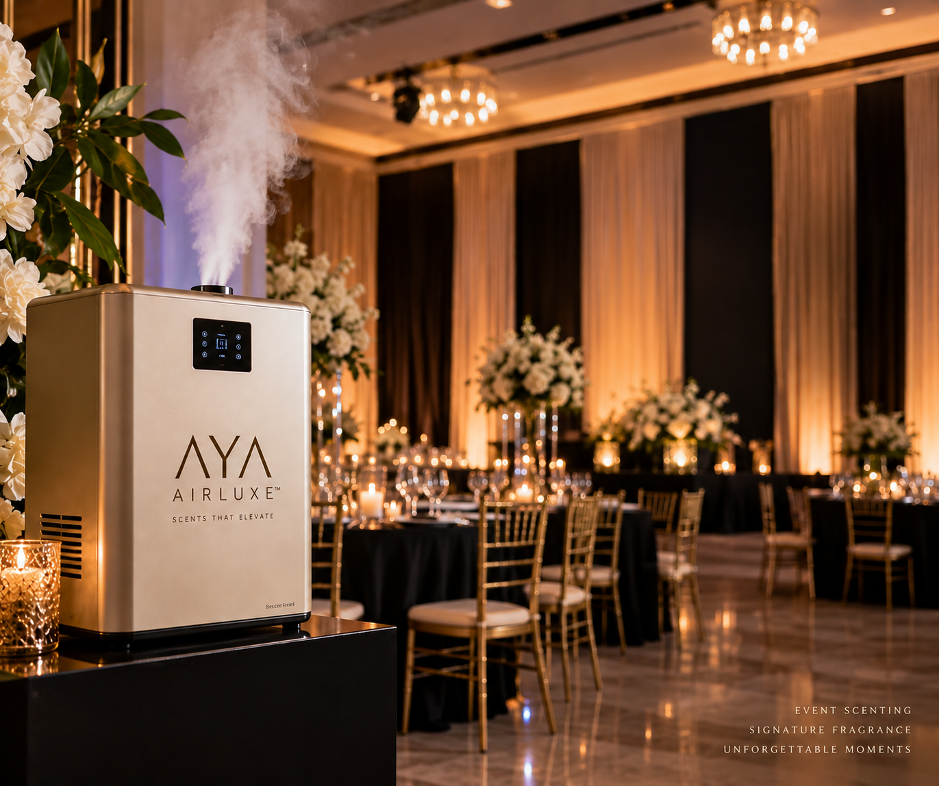 Elegant wedding reception with luxury floral arrangements and candlelight